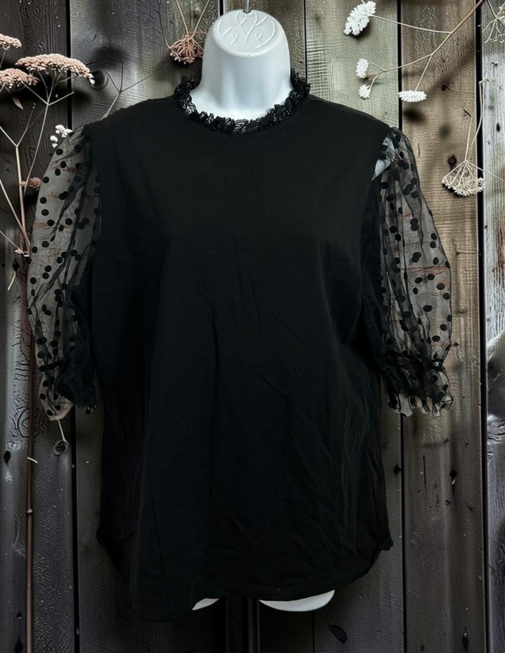 Black Blouse Sz XL Short Sheer Polka Dot Puff Sleeves Lace Neckline Top Whimsy